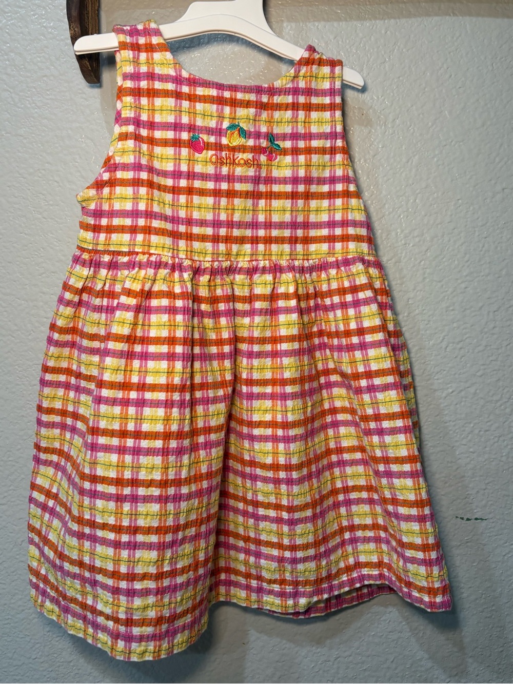 VTG OshKosh Dress Girls 4t Plaid Fruit Seersucker Pinafore Jumper  1990s